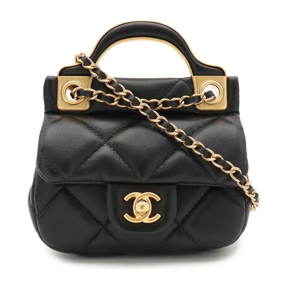 CHANEL Matelassé Chain Shoulder Bag, Pouch, Pochette, Leather, Black AP2271